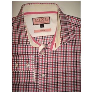 THOMAS PINK "Slim Fit" Sz 15.5 Multi-Color Checked Poplin Long Sleeve Shirt